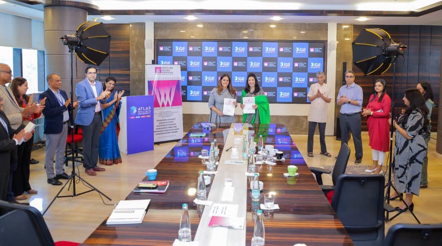 Photo shared by SG on April 17, 2026 tagging @whistling_woods, @isdimumbai, and @atlasskilltechuniversity. May be an image of one or more people, television, screen, newsroom, office and text.