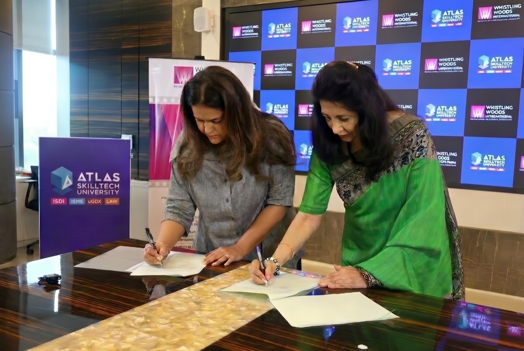 Photo by ATLAS SkillTech University on April 17, 2026. May be an image of studying, standing, television, screen, poster, newsroom, office and text.