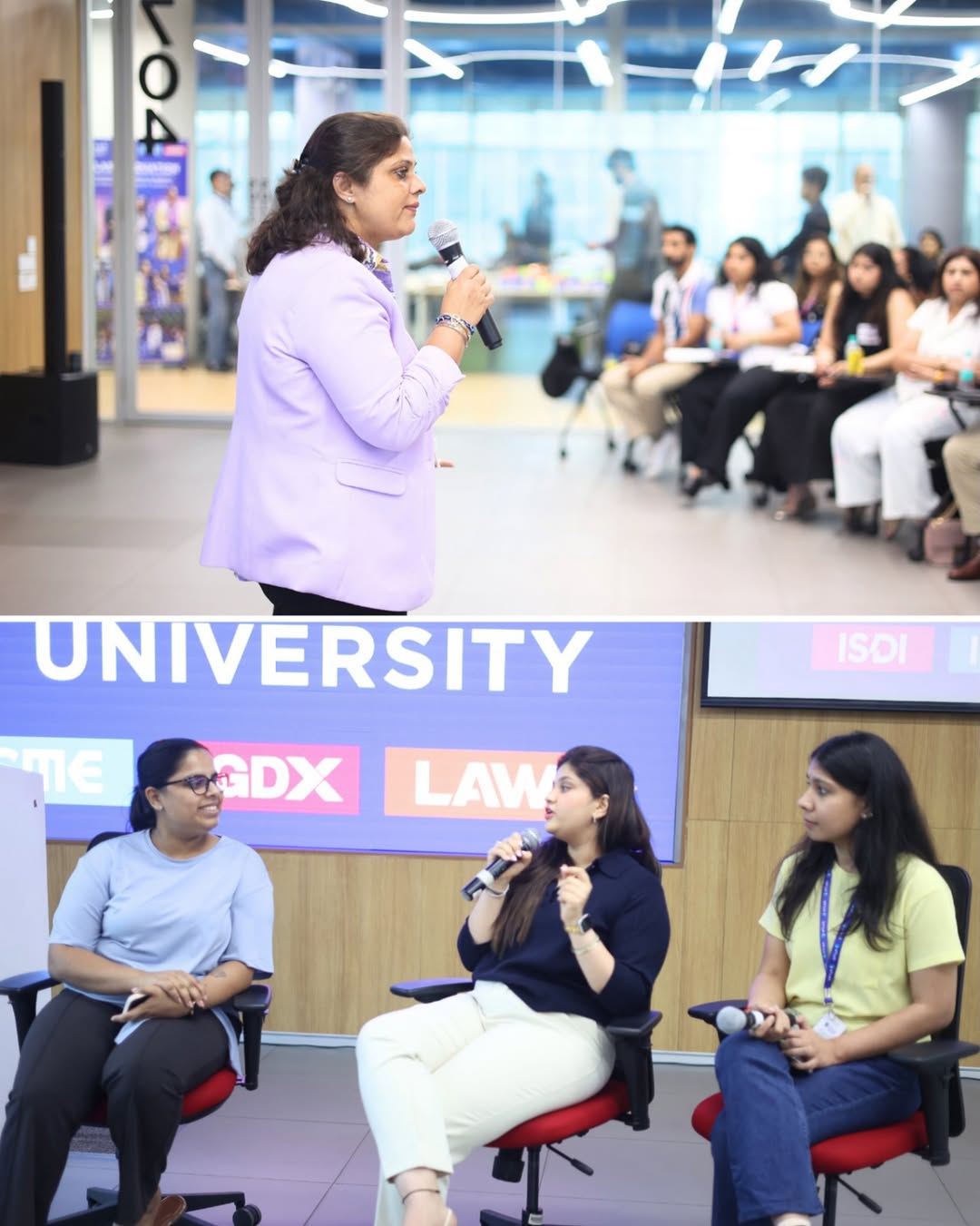 Photo by ATLAS SkillTech University on April 19, 2026. May be an image of one or more people, people studying, television, microphone, newsroom, office and text.